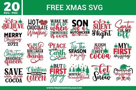 Free xmas svg files featuring a 20-pack bundle of festive holiday quotes and typography designs. The red, green, and black graphics showcase playful script and bold block fonts paired with winter elements like evergreen trees, stars, a santa hat, cat whiskers, and cozy cocoa themes, perfect for Christmas crafting.