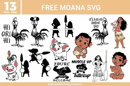 Free Moana SVG designs showing Moana characters, Hei Hei and Pua illustrations, island themed quotes, bold silhouettes, and iconic movie inspired graphics
