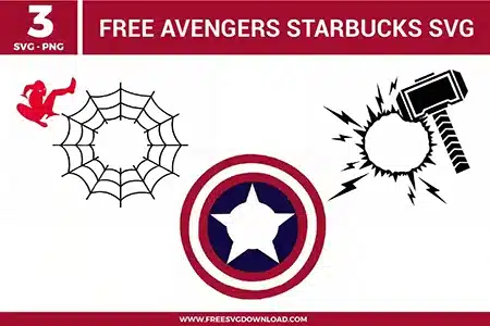 Free Avengers Starbucks SVG designs showing superhero inspired graphics including shield symbols, web patterns, and power icons