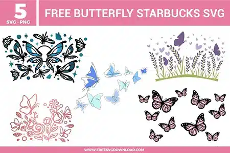 A bundle of 5 free svg files featuring whimsical butterfly and floral-themed designs for cold cup wraps. The collection includes a teal blue fairy wing wrap with star accents, a purple lavender field with fluttering butterfly silhouettes, and elegant rose gold floral arrangements with delicate line-art butterflies. These high-quality free svg files offer a mix of full venti cup wraps and individual decal elements in soft pastel shades, perfect for spring-themed DIY projects and nature-inspired drinkware.