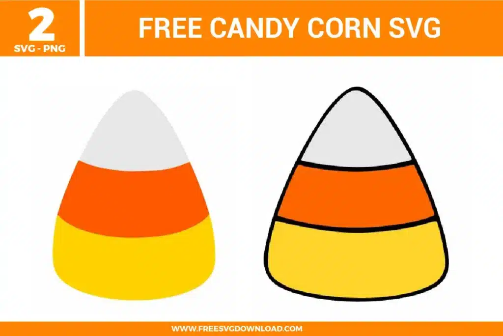 2 free svg files featuring iconic candy corn designs, including one version with a bold black outline and one borderless vector style in vibrant white, orange, and yellow, perfect for autumn decor and Halloween Cricut projects.