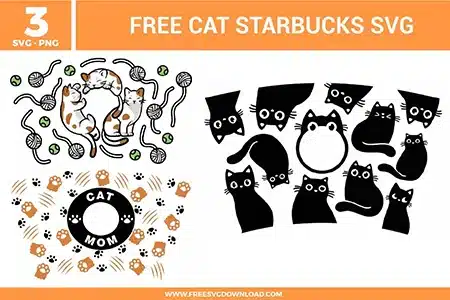 A bundle of 3 free svg files for cat and coffee-themed designs featuring adorable feline illustrations and cup wraps. The set includes a calico cat pattern with yarn and tennis balls, a "Cat Mom" circular monogram frame with paw print accents, and a comprehensive venti-style cold cup wrap filled with diverse black cat silhouettes in various expressive poses. These designs use a classic black, white, and calico orange color palette, providing high-quality free svg files for Starbucks cup enthusiasts and pet-themed accessories.