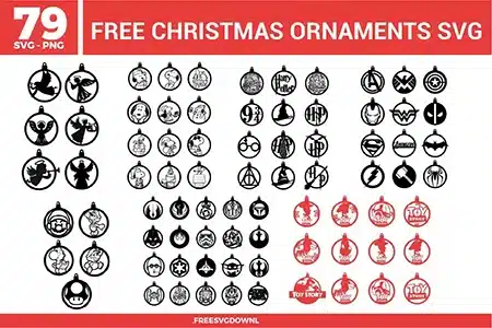 79 character-themed designs from the Christmas Ornaments SVG bundle, offered as free svg files for holiday DIY crafts.