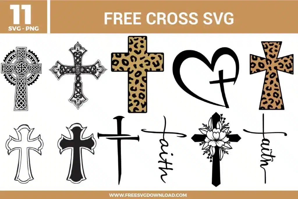 A collection of eleven free svg files featuring diverse Christian cross vector designs. The graphics showcase an intricate black circular Celtic knot cross, a decorative gothic filigree cross, and two distinct crosses filled with a tan and black leopard print pattern. The bundle also contains a minimalist heart cross outline, a rustic design formed by three intersecting iron nails, a cross adorned with a detailed white line-art lily flower, and two elegant script typography paths where the word faith shapes a vertical cross.