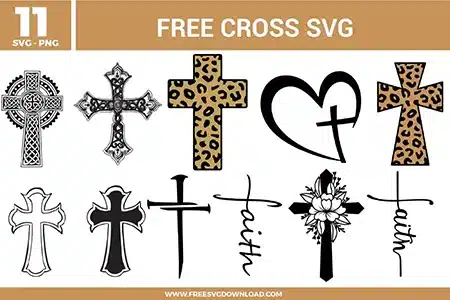 A collection of eleven free svg files featuring diverse Christian cross vector designs. The graphics showcase an intricate black circular Celtic knot cross, a decorative gothic filigree cross, and two distinct crosses filled with a tan and black leopard print pattern. The bundle also contains a minimalist heart cross outline, a rustic design formed by three intersecting iron nails, a cross adorned with a detailed white line-art lily flower, and two elegant script typography paths where the word faith shapes a vertical cross.