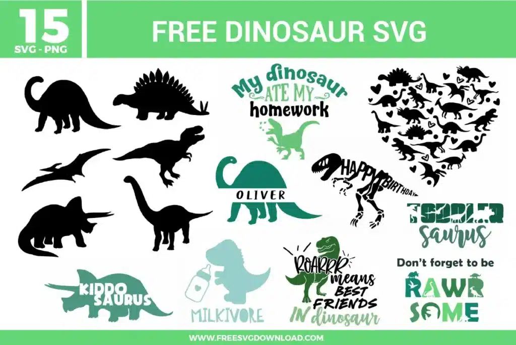 A bundle of 15 free svg files for dinosaur-themed designs featuring prehistoric creatures and humorous quotes. The set includes detailed silhouettes of a T-Rex, Stegosaurus, Triceratops, and Brachiosaurus, along with personalized name splits like "OLIVER," a heart-shaped dinosaur cluster, and phrases such as "My dinosaur ate my homework," "Toddler Saurus," and "Milki-vore." These designs use a palette of forest green, mint, and black with playful typography, providing high-quality free svg files for kids' apparel and nursery decor.