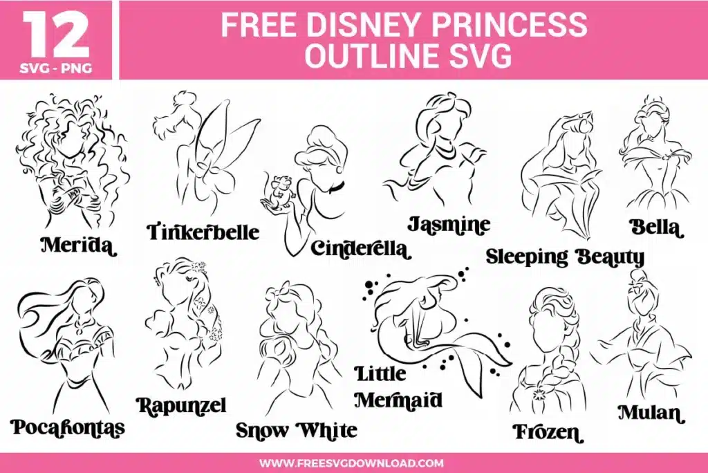 Free Disney Princess outline SVG designs showing elegant line art portraits of Cinderella Jasmine Belle Rapunzel Snow White Ariel Mulan Pocahontas Merida and other princess characters