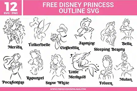 Free Disney Princess outline SVG designs showing elegant line art portraits of Cinderella Jasmine Belle Rapunzel Snow White Ariel Mulan Pocahontas Merida and other princess characters