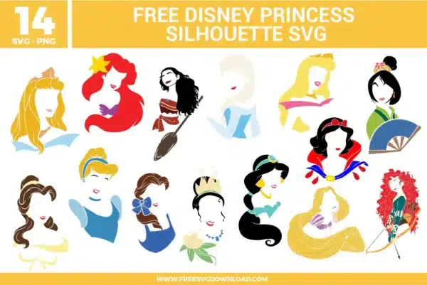 Free Disney Princess silhouette SVG designs showing elegant minimalist princess profile illustrations inspired by classic Disney princess characters