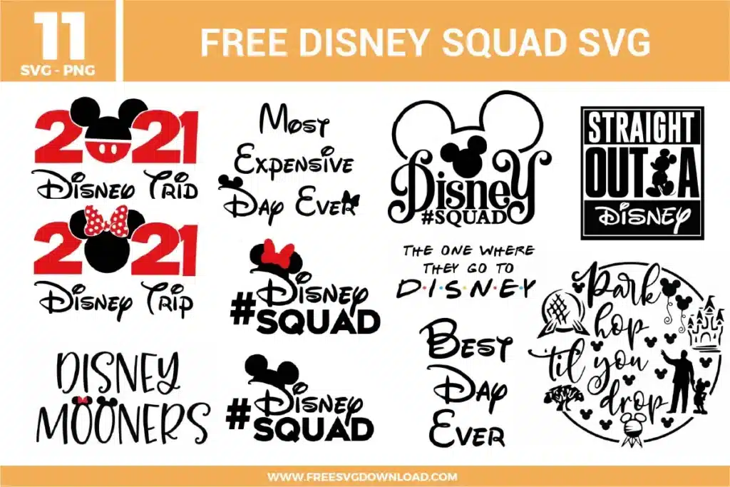 Free Disney squad SVG designs showing Disney trip phrases, squad lettering, park themed graphics, year text styles, and character inspired typography