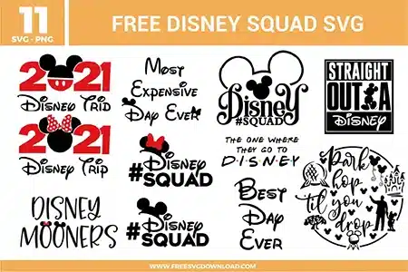 Free Disney squad SVG designs showing Disney trip phrases, squad lettering, park themed graphics, year text styles, and character inspired typography
