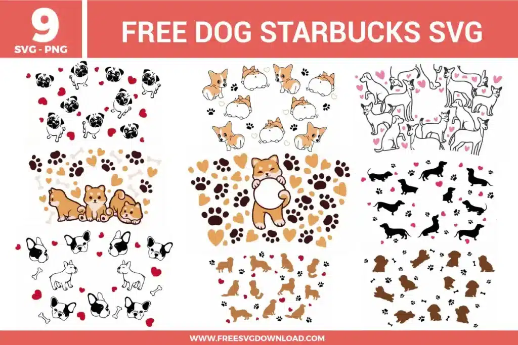 A collection of 9 free svg files featuring dog-themed Starbucks cold cup wraps and repeating patterns for various breeds like Pugs, Corgis, and French Bulldogs. The designs incorporate cute puppy silhouettes, bones, hearts, and paw prints in a warm color palette of tan, chocolate brown, and soft pink. These high-quality free svg files are perfect for creating custom venti cup decals, pet-inspired drinkware, and waterproof vinyl stickers for dog lovers.