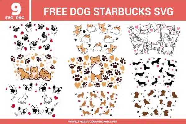 A collection of 9 free svg files featuring dog-themed Starbucks cold cup wraps and repeating patterns for various breeds like Pugs, Corgis, and French Bulldogs. The designs incorporate cute puppy silhouettes, bones, hearts, and paw prints in a warm color palette of tan, chocolate brown, and soft pink. These high-quality free svg files are perfect for creating custom venti cup decals, pet-inspired drinkware, and waterproof vinyl stickers for dog lovers.