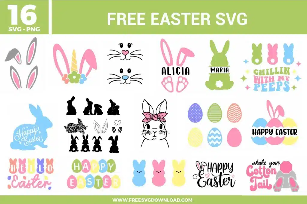 Easter SVG bundle with bunny ears, bunny faces, peeps-style bunnies, Easter eggs, playful holiday phrases, name-ready bunny designs, and pastel spring graphics in pink, blue, yellow, green, and black outline styles.