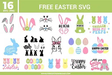 Easter SVG bundle with bunny ears, bunny faces, peeps-style bunnies, Easter eggs, playful holiday phrases, name-ready bunny designs, and pastel spring graphics in pink, blue, yellow, green, and black outline styles.