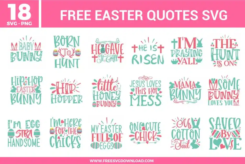 Easter quote designs with playful hand-lettered phrases, bunny ears, eggs, crosses, chicks, and spring motifs in pastel teal, pink, and coral with a cheerful holiday vibe.