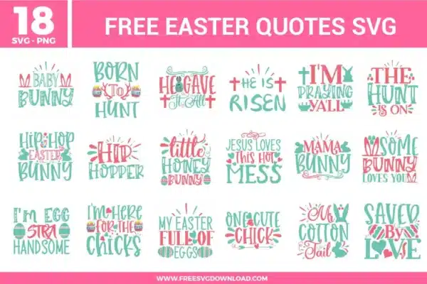 Easter quote designs with playful hand-lettered phrases, bunny ears, eggs, crosses, chicks, and spring motifs in pastel teal, pink, and coral with a cheerful holiday vibe.