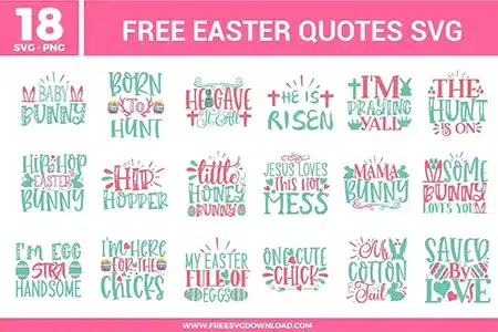 Easter quote designs with playful hand-lettered phrases, bunny ears, eggs, crosses, chicks, and spring motifs in pastel teal, pink, and coral with a cheerful holiday vibe.