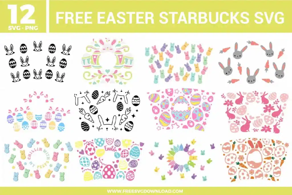 Easter Starbucks SVG bundle featuring bunny silhouettes, Easter eggs, pastel peeps, carrots, spring florals, playful Easter patterns, and wrap-style designs sized for Starbucks cold cups with soft pink, yellow, green, and pastel tones.
