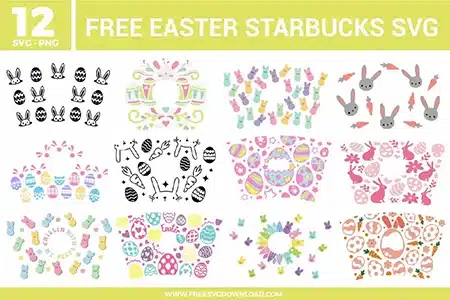 Easter Starbucks SVG bundle featuring bunny silhouettes, Easter eggs, pastel peeps, carrots, spring florals, playful Easter patterns, and wrap-style designs sized for Starbucks cold cups with soft pink, yellow, green, and pastel tones.