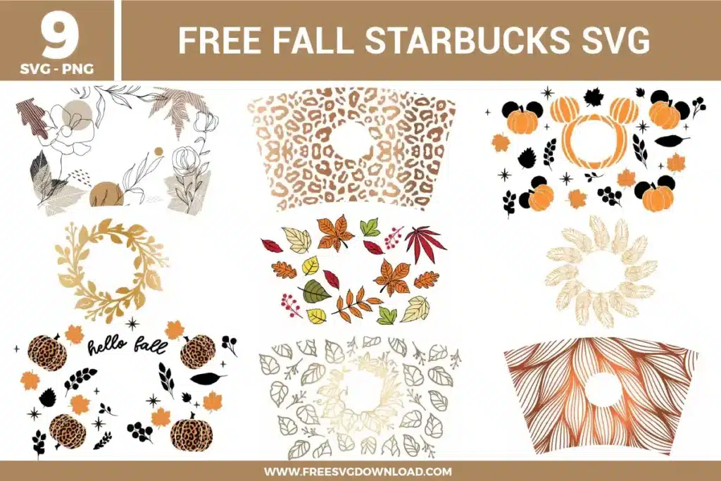 Fall Starbucks SVG bundle preview showing nine autumn cup wrap designs with pumpkin patterns, fall leaves, leopard print, floral wreaths, hello fall text, neutral foliage, and warm brown orange seasonal graphics for Cricut and Silhouette.