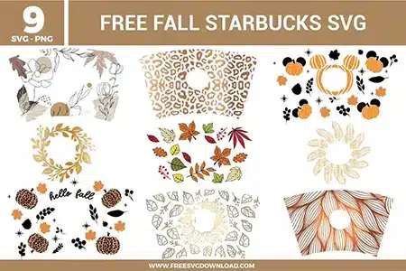 Fall Starbucks SVG bundle preview showing nine autumn cup wrap designs with pumpkin patterns, fall leaves, leopard print, floral wreaths, hello fall text, neutral foliage, and warm brown orange seasonal graphics for Cricut and Silhouette.