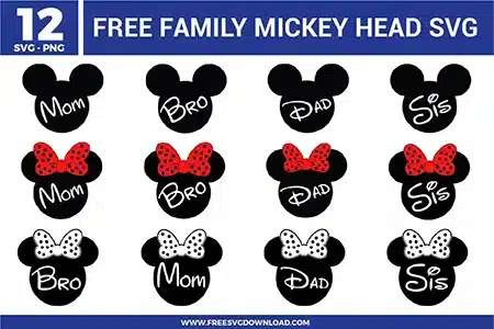 Free family Mickey head SVG designs showing Mom Dad Bro and Sis text inside Mickey silhouettes with Minnie bow variations