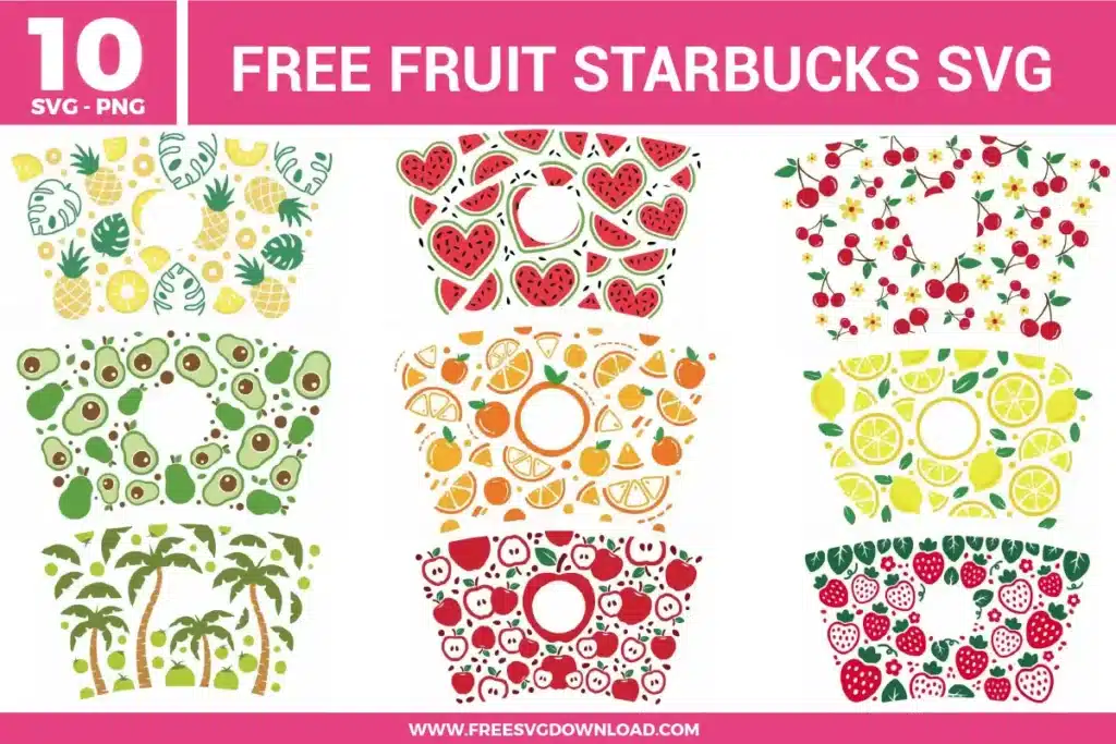 A collection of ten tropical and citrus cup patterns from the Fruit Starbucks SVG bundle, featuring watermelon, pineapple, and strawberry designs as free svg files for custom tumblers.