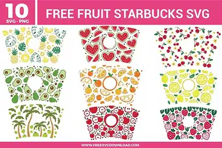 A collection of ten tropical and citrus cup patterns from the Fruit Starbucks SVG bundle, featuring watermelon, pineapple, and strawberry designs as free svg files for custom tumblers.