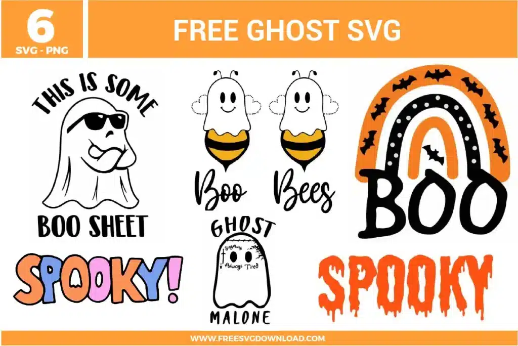 6 free svg files featuring humorous Halloween ghosts including a "Boo Sheet" ghost with sunglasses, "Boo Bees" bumblebee ghosts, a "Ghost Malone" with face tattoos, and a "BOO" rainbow with bats in vibrant orange, black, and pastel tones.