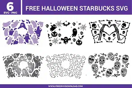 A bundle of 6 free svg files for Halloween Starbucks cup wraps featuring various spooky patterns. The collection includes purple and lilac ghost silhouettes, a black and white graveyard scene with bats and skulls, skeletal hands forming a heart, aggressive screaming ghosts, cute floating spirits, and ornate sugar skulls (Day of the Dead style). Each design is a curved wrap perfectly sized for cold cup customization.
