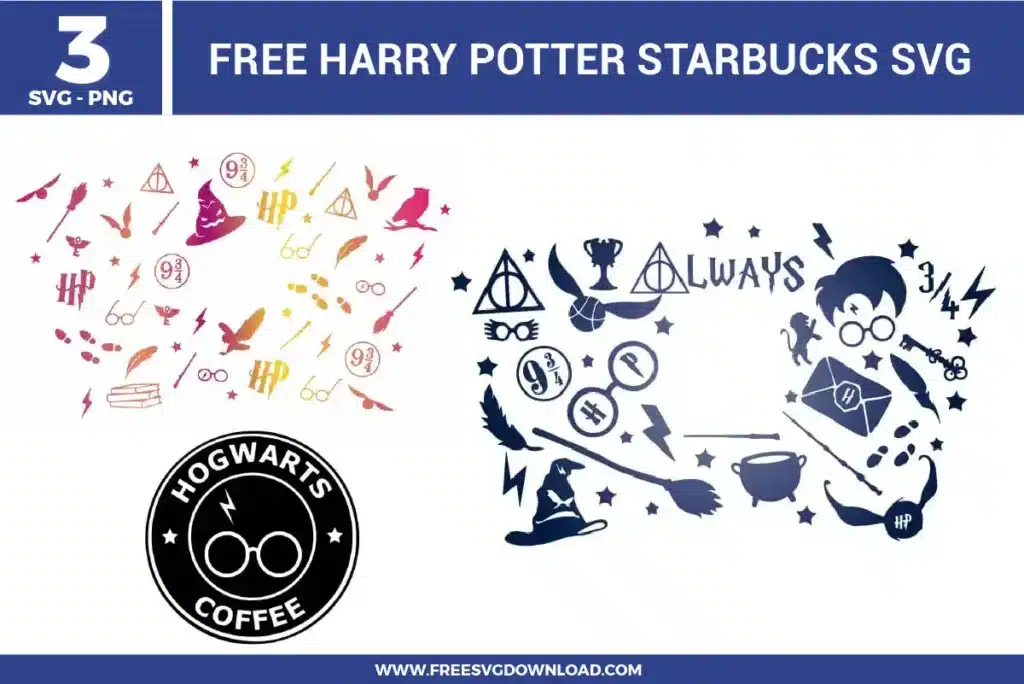 Alt Text: Harry Potter Starbucks SVG bundle featuring a Hogwarts Coffee siren logo, golden snitch, deathly hallows, and wizarding world iconography available as free svg files for custom Starbucks Cold Cup wraps.