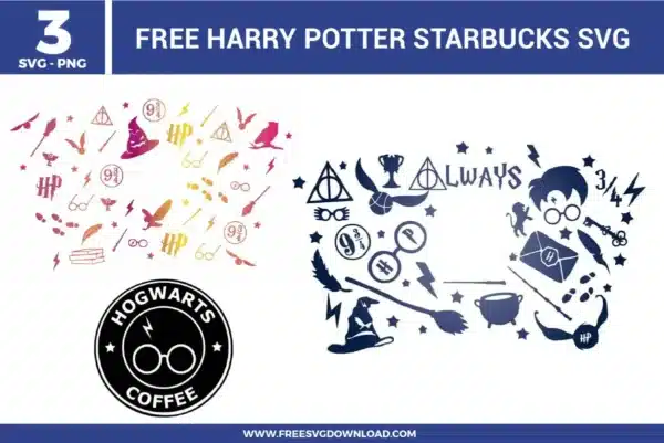 Alt Text: Harry Potter Starbucks SVG bundle featuring a Hogwarts Coffee siren logo, golden snitch, deathly hallows, and wizarding world iconography available as free svg files for custom Starbucks Cold Cup wraps.