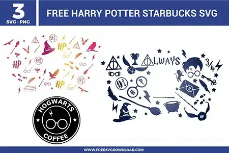 Alt Text: Harry Potter Starbucks SVG bundle featuring a Hogwarts Coffee siren logo, golden snitch, deathly hallows, and wizarding world iconography available as free svg files for custom Starbucks Cold Cup wraps.