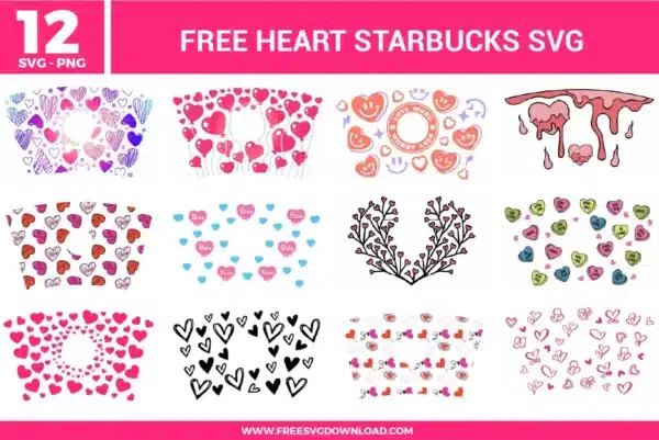 Assorted Valentine heart cup wrap designs featuring hand-drawn hearts, candy heart messages, smiley faces, dripping heart shapes, branches, and playful doodles in pink, red, purple, and pastel tones.