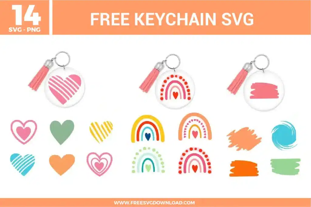 A bundle layout of 14 keychain free svg files showing round acrylic keychain mockups with pink tassels. The collection includes graphic elements like abstract boho rainbows with tiny hearts, textured paint brush strokes, paint splatters, and a variety of striped and concentric heart shapes in pastel terracotta orange, blush pink, sage green, yellow, and soft blue.