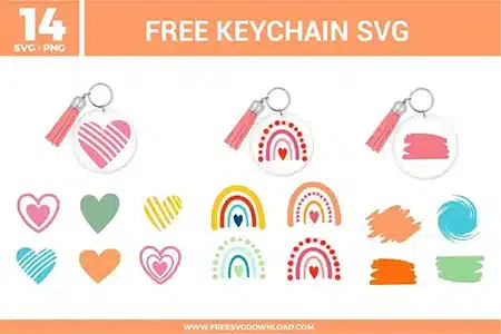 A bundle layout of 14 keychain free svg files showing round acrylic keychain mockups with pink tassels. The collection includes graphic elements like abstract boho rainbows with tiny hearts, textured paint brush strokes, paint splatters, and a variety of striped and concentric heart shapes in pastel terracotta orange, blush pink, sage green, yellow, and soft blue.