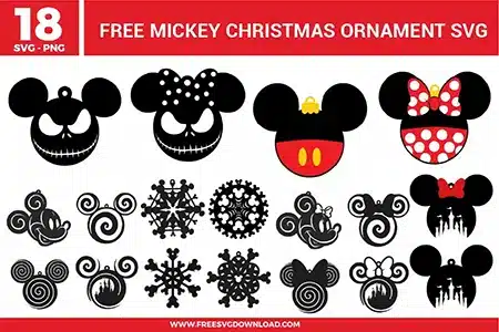 Free Mickey Christmas ornament SVG designs showing ornament style Mickey head silhouettes with bows, snowflake patterns, swirl details, and festive holiday themed decorations