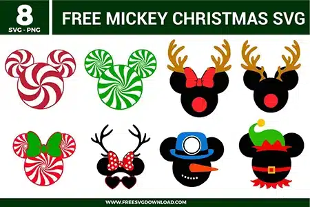 Free Mickey Christmas SVG designs showing Mickey head silhouettes with candy swirl patterns, reindeer antlers, bows, elf and snowman details, and festive holiday themed elements