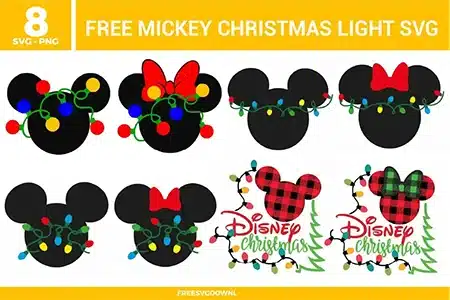 Free Mickey Christmas light SVG designs showing Mickey head silhouettes decorated with colorful string lights, bows, and festive holiday themed details