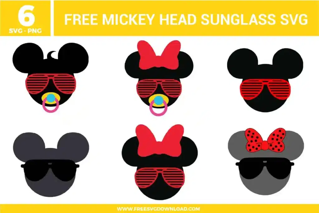 Free Mickey head sunglass SVG designs showing Mickey and Minnie silhouettes with shutter sunglasses, bows, pacifiers, and playful character details