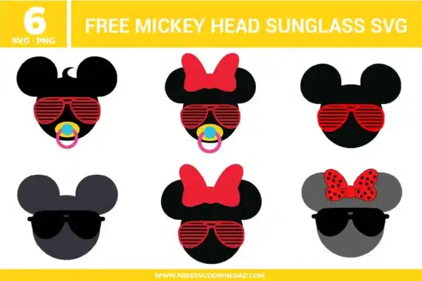 Free Mickey head sunglass SVG designs showing Mickey and Minnie silhouettes with shutter sunglasses, bows, pacifiers, and playful character details
