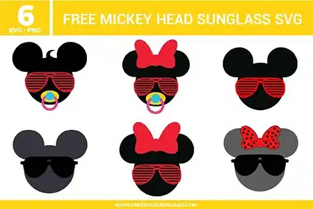 Free Mickey head sunglass SVG designs showing Mickey and Minnie silhouettes with shutter sunglasses, bows, pacifiers, and playful character details