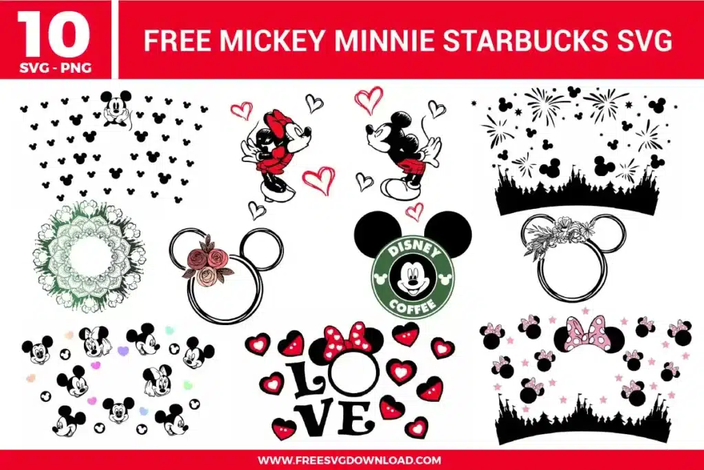 Free Mickey and Minnie Starbucks SVG designs showing coffee themed graphics, Mickey and Minnie character illustrations, heart accents, repeating patterns, and wrap style elements