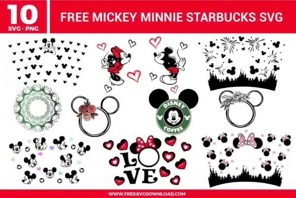 Free Mickey and Minnie Starbucks SVG designs showing coffee themed graphics, Mickey and Minnie character illustrations, heart accents, repeating patterns, and wrap style elements