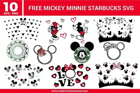 Free Mickey and Minnie Starbucks SVG designs showing coffee themed graphics, Mickey and Minnie character illustrations, heart accents, repeating patterns, and wrap style elements