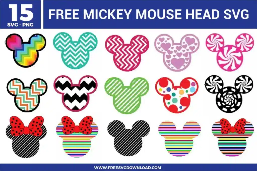 Free Mickey Mouse head SVG designs showing patterned Mickey silhouettes with stripes, zigzags, hearts, rainbow fills, and bow details