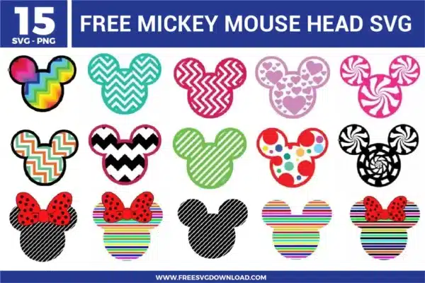 Free Mickey Mouse head SVG designs showing patterned Mickey silhouettes with stripes, zigzags, hearts, rainbow fills, and bow details
