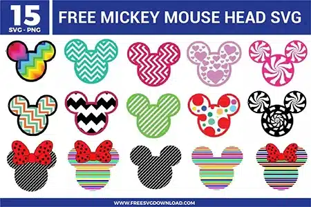 Free Mickey Mouse head SVG designs showing patterned Mickey silhouettes with stripes, zigzags, hearts, rainbow fills, and bow details