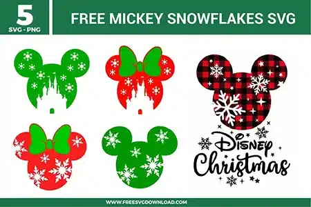 Free Mickey snowflake SVG designs showing winter themed Mickey silhouettes with snowflake patterns, bows, castle details, and festive Christmas inspired elements